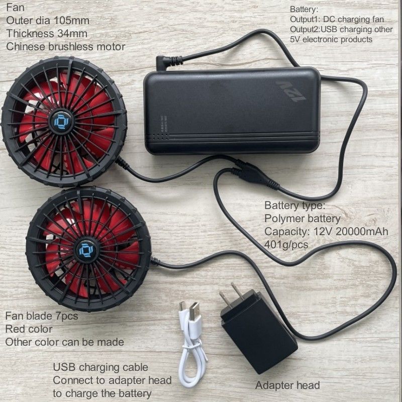 Air conditionné Jacket ventilateur de refroidissement batterie 12v 20000mAh Haute vitesse 10H Temps de travail
